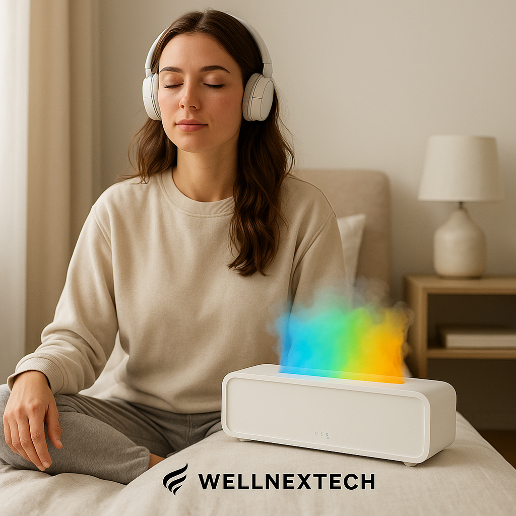 Woman relaxing with ChillMist Halo aromatherapy diffuser, enjoying soothing sounds and colorful scents.