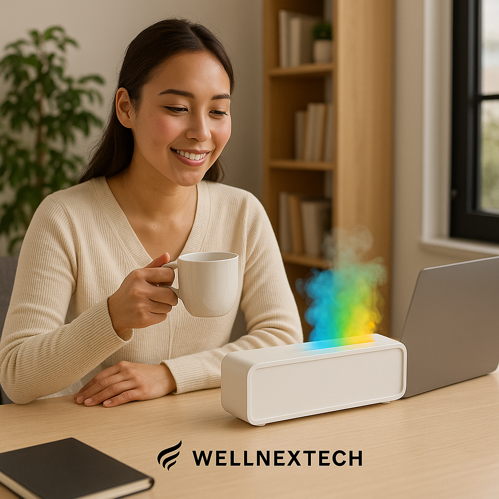 Woman enjoying a cup of coffee next to the ChillMist Halo aromatherapy diffuser with colorful mist.