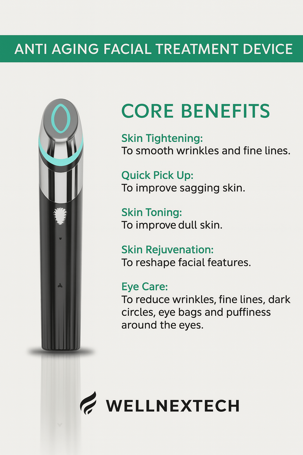 Anti-aging facial treatment device with benefits including skin tightening and rejuvenation.