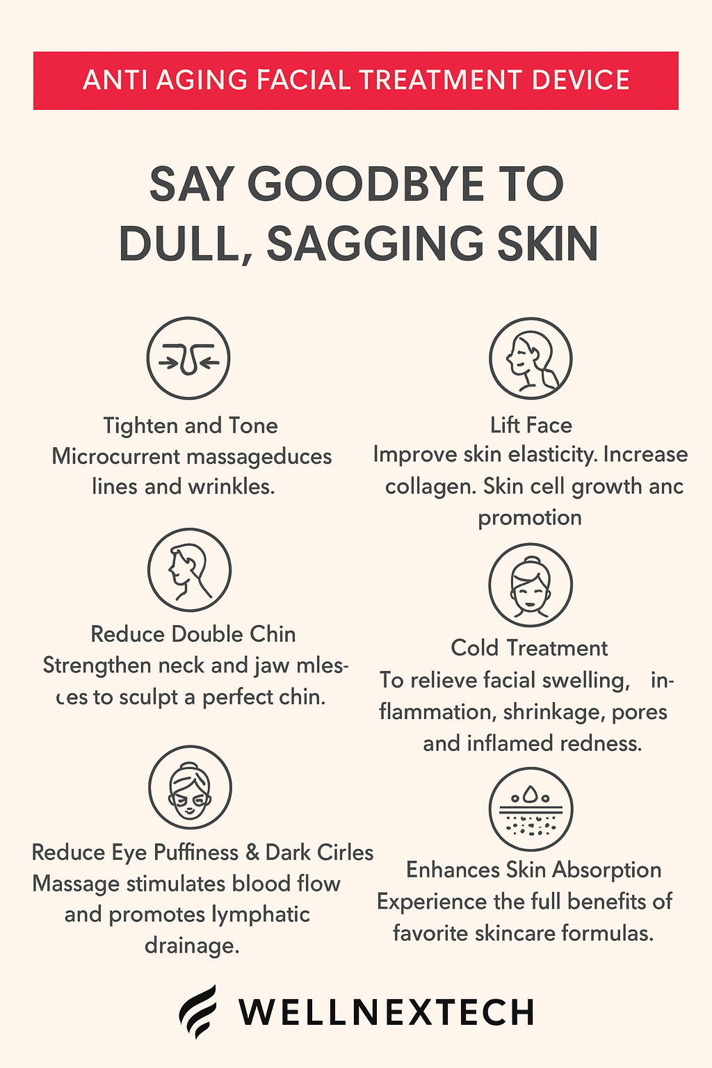 Infographic on anti-aging facial treatment device benefits for firmer, radiant skin and wrinkle reduction.