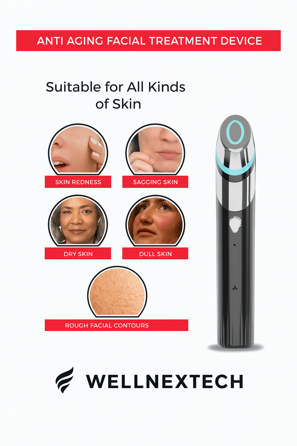 Anti-aging facial treatment device suitable for all skin types, reducing redness, sagginess, dryness, and rough contours.