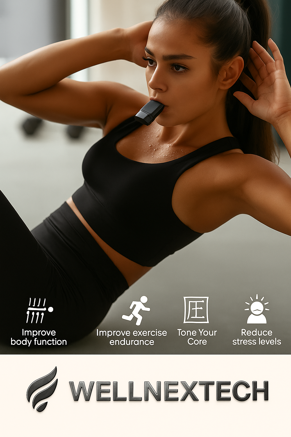 Woman wearing a respiratory muscle trainer, demonstrating exercises to improve endurance, core strength, and reduce stress.