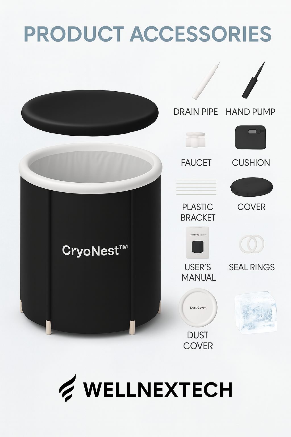 Illustration of CryoNest portable cold water therapy product accessories including a drain pipe, hand pump, faucet, and more.