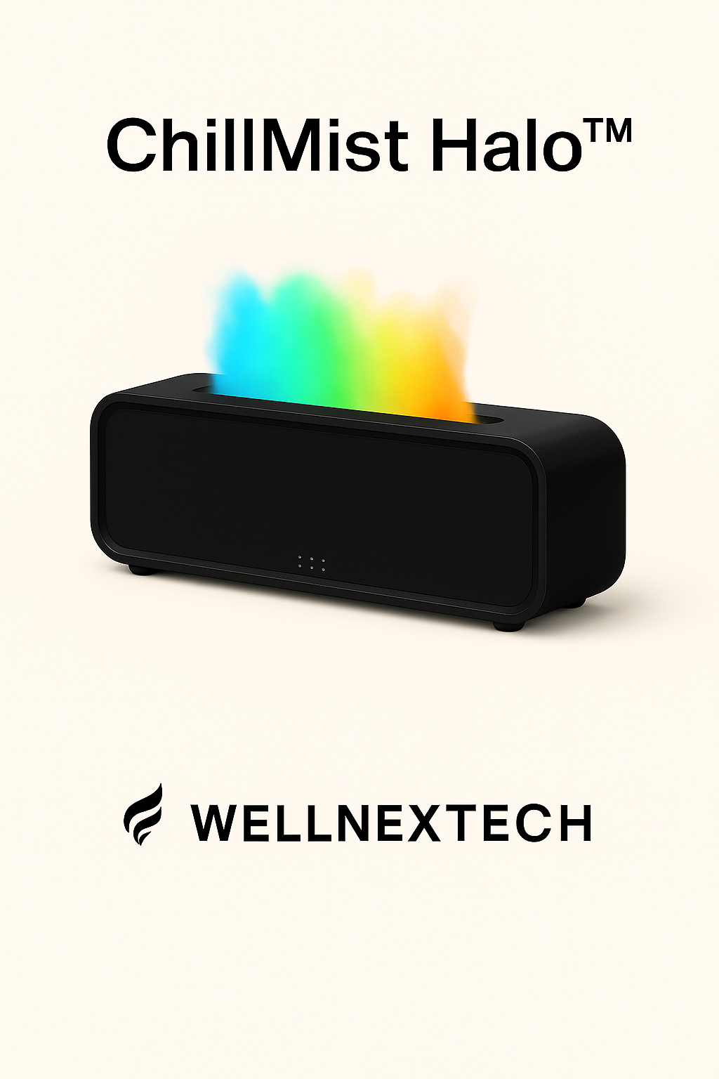 ChillMist Halo™ aromatherapy diffuser with colorful mist and sleek black design by WellNexTech.