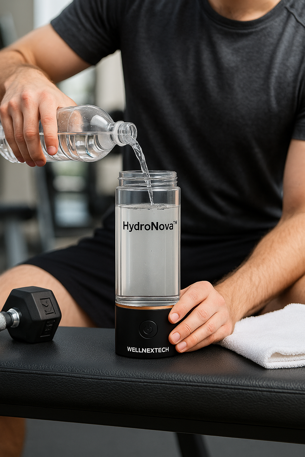 A person pouring water into a HydroNova hydrogen water ionizer bottle during a workout, promoting hydration.