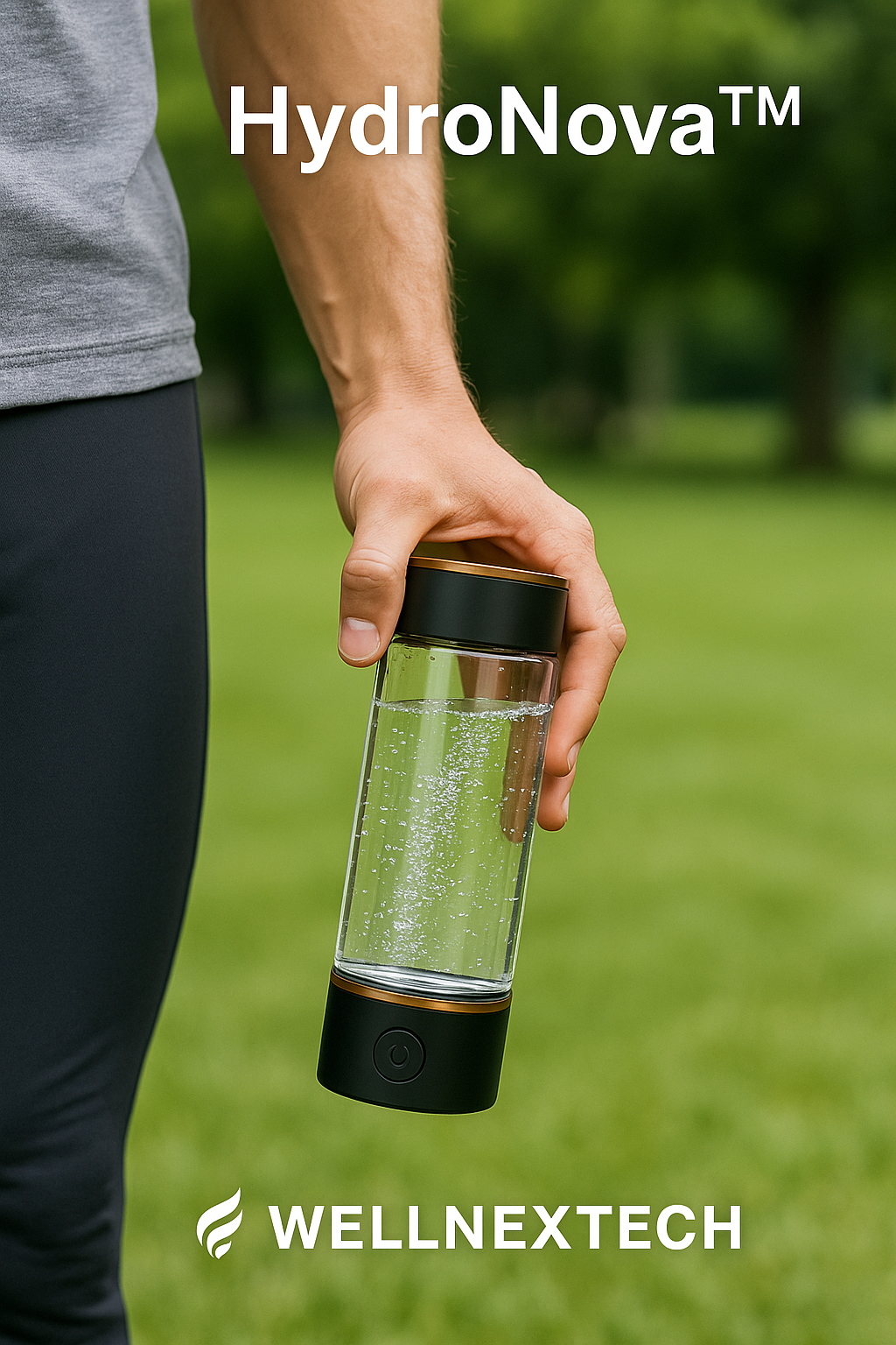 A person holding the HydroNova hydrogen water ionizer bottle outdoors, showcasing its sleek design and sparkling water.