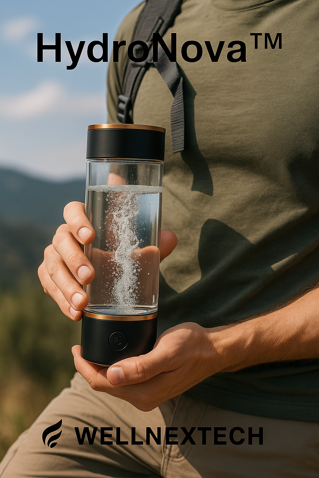Person holding HydroNova hydrogen water ionizer bottle outdoors, showcasing innovative hydration technology.