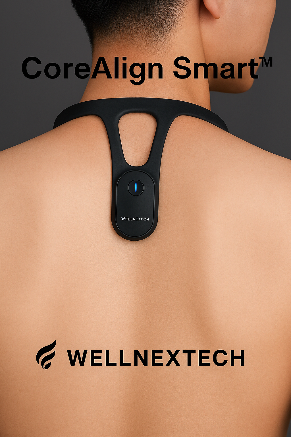 CoreAlign Smart™ Back Posture Corrector showing smart sensor design on a person's back